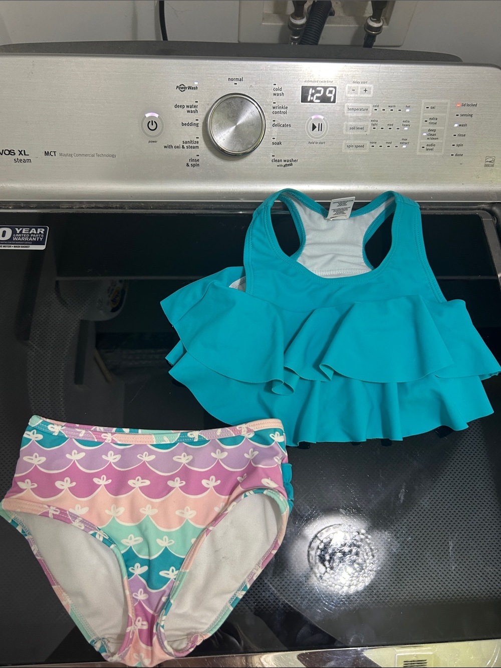 Girls 4t two piece bathing suit swim suit mermaid print bottom racer back ruffle